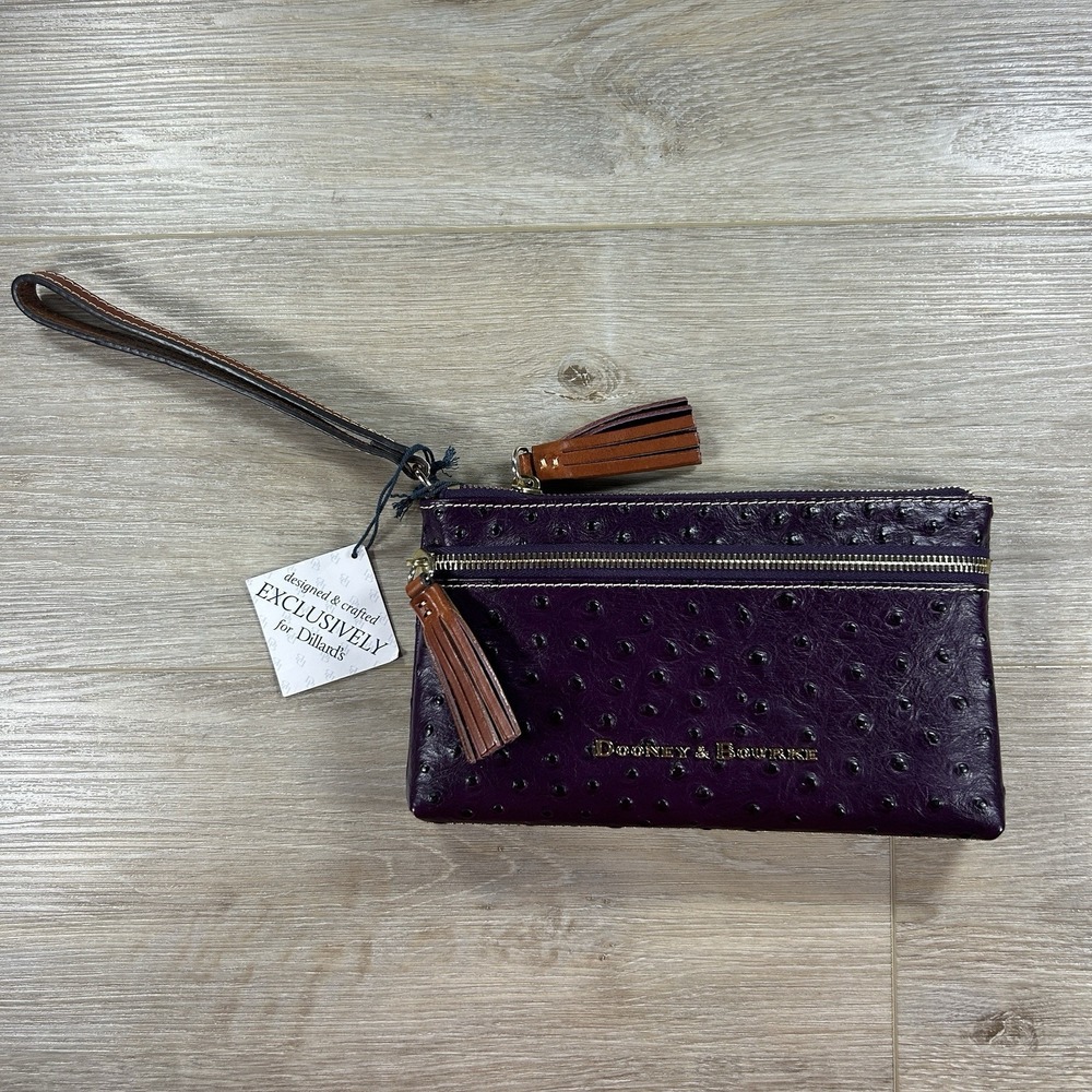 NWT Dooney & Bourke Ostrich Double Zip Purple Eggplant Wristlet